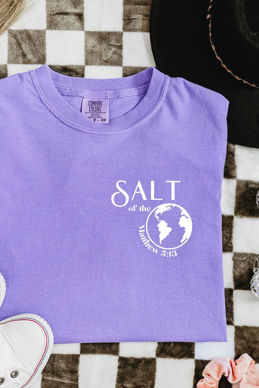 Salt of the Earth Matthew 5:13 Comfort Colors Violet T-Shirt Christian Shirt Flatlay