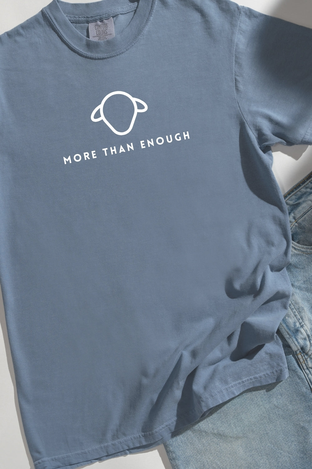 Lamb is More than Enough Comfort Colors Blue Jean T-Shirt Flatlay