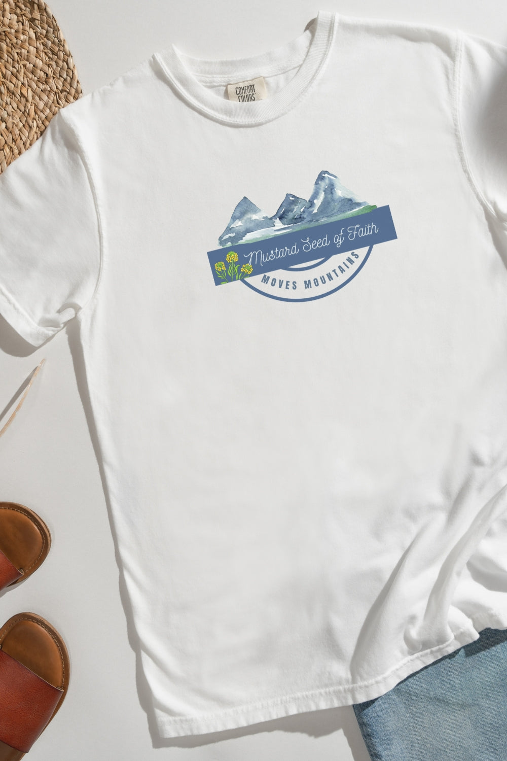 Mustard Seed of Faith Moves Mountains Comfort Colors T-Shirt Flatlay