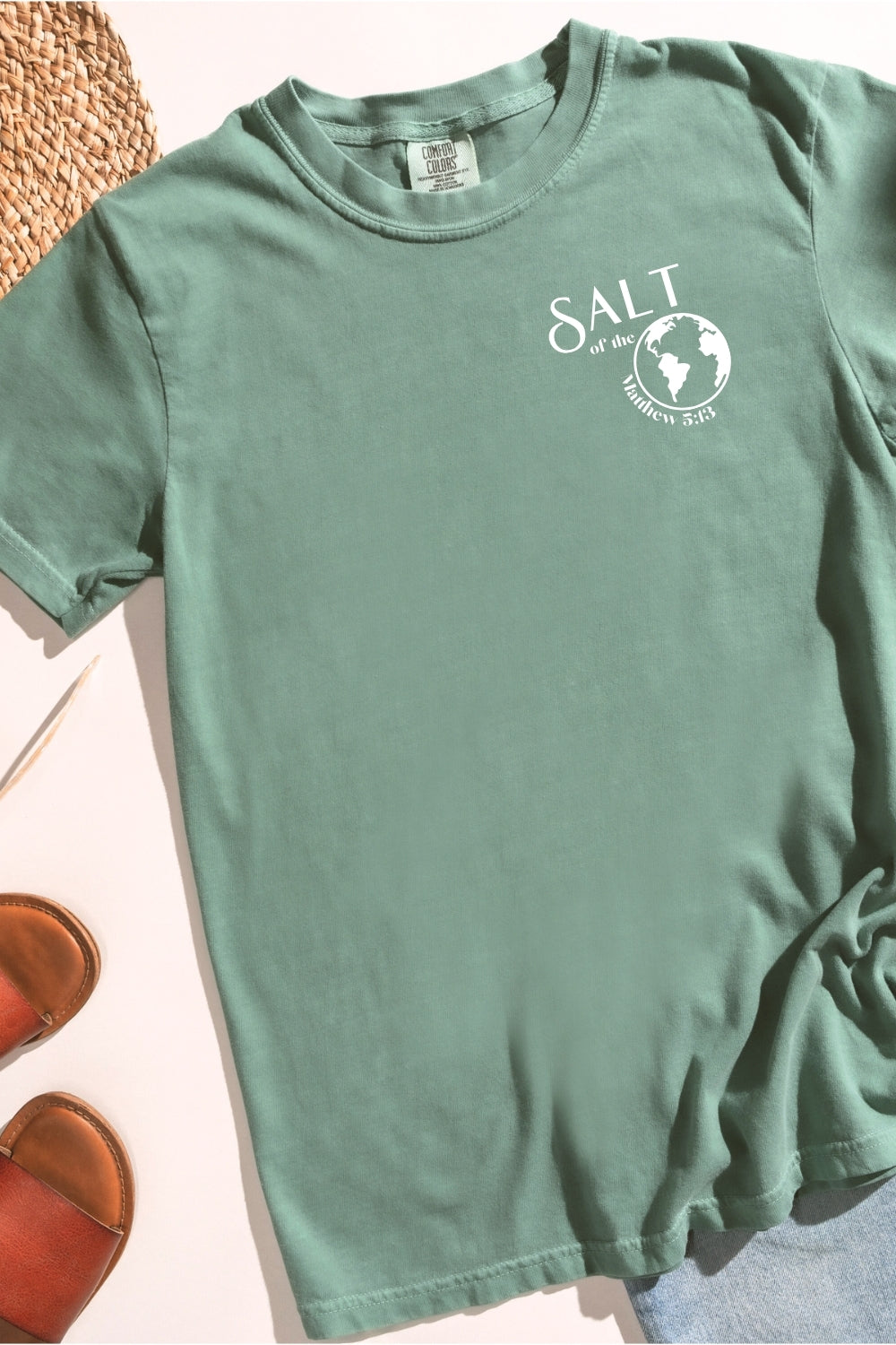 Salt of the Earth Matthew 5:13 Comfort Colors Light Green T-Shirt| Christian Shirt Flatlay