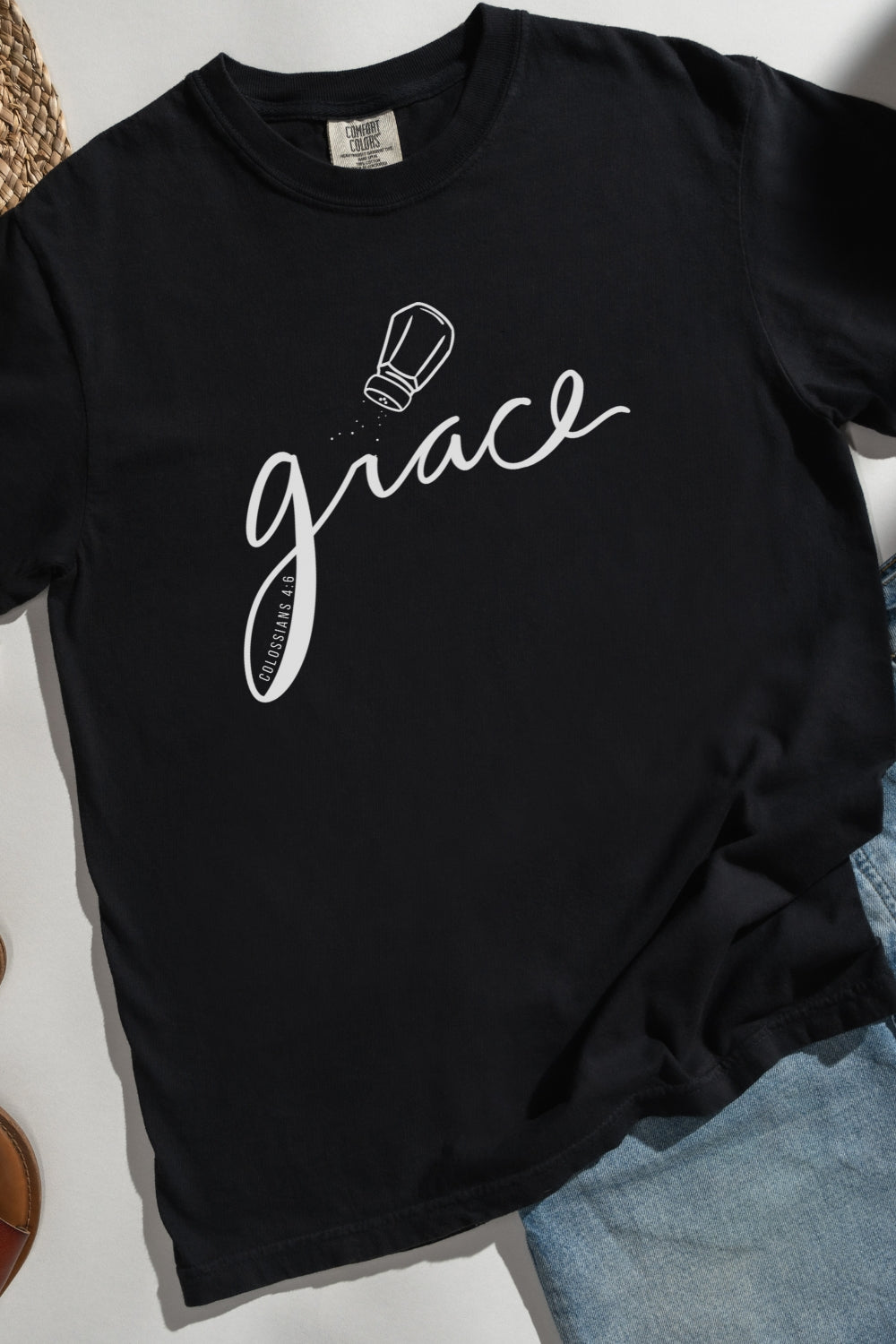 Salted Grace Comfort Colors Black T-Shirt Flatlay