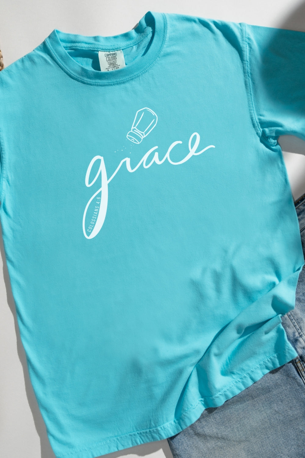 Salted Grace Comfort Colors Lagoon Blue T-Shirt Flatlay