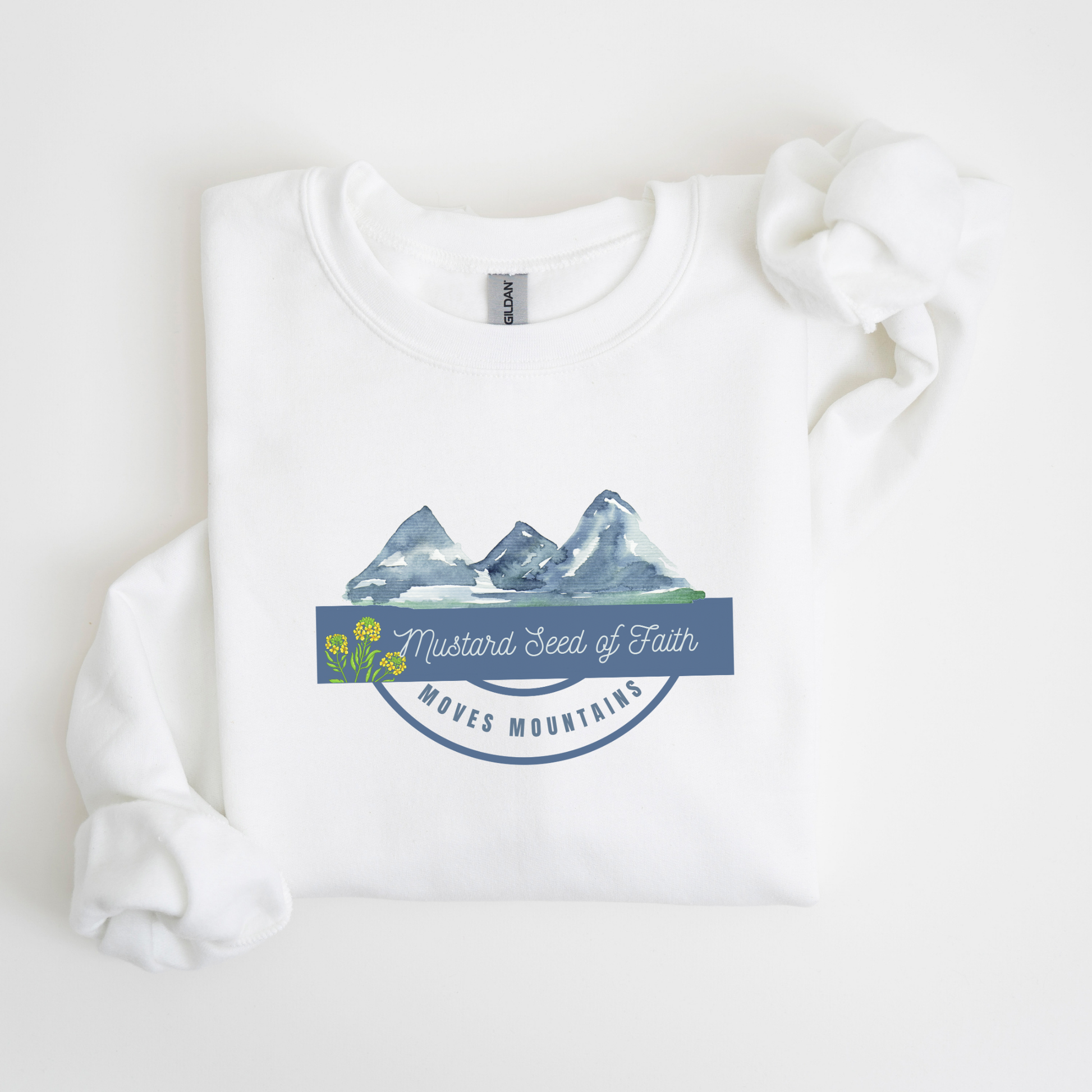 Mustard Seed of Faith Moves Mountains Christian Sweatshirt White