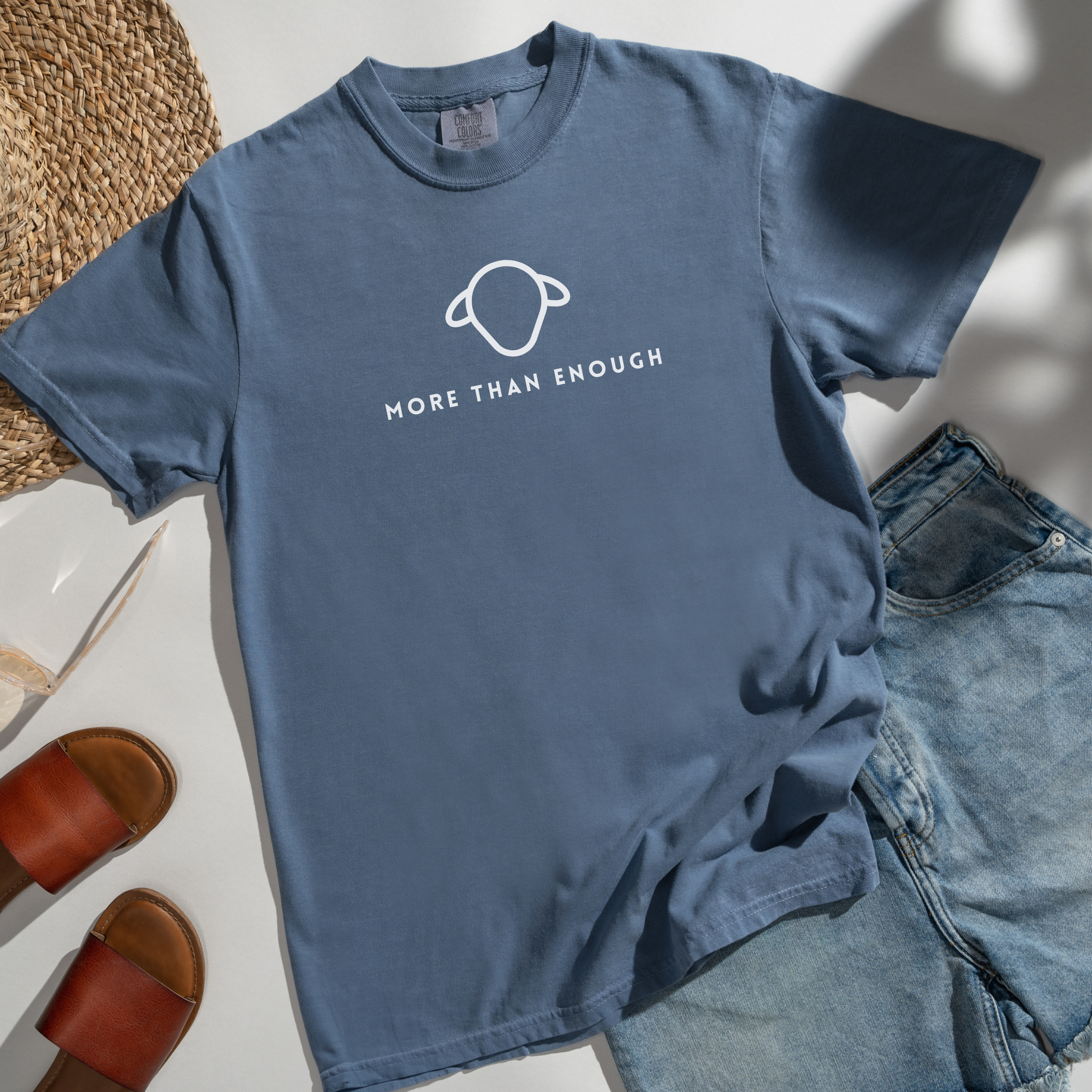 Lamb is More than Enough Comfort Colors Blue Jean T-Shirt Flatlay