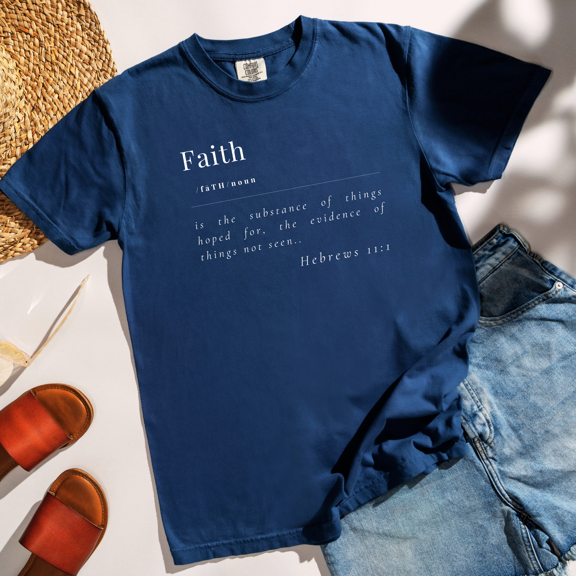 Faith Defined Comfort Colors Midnight T-Shirt Flatlay