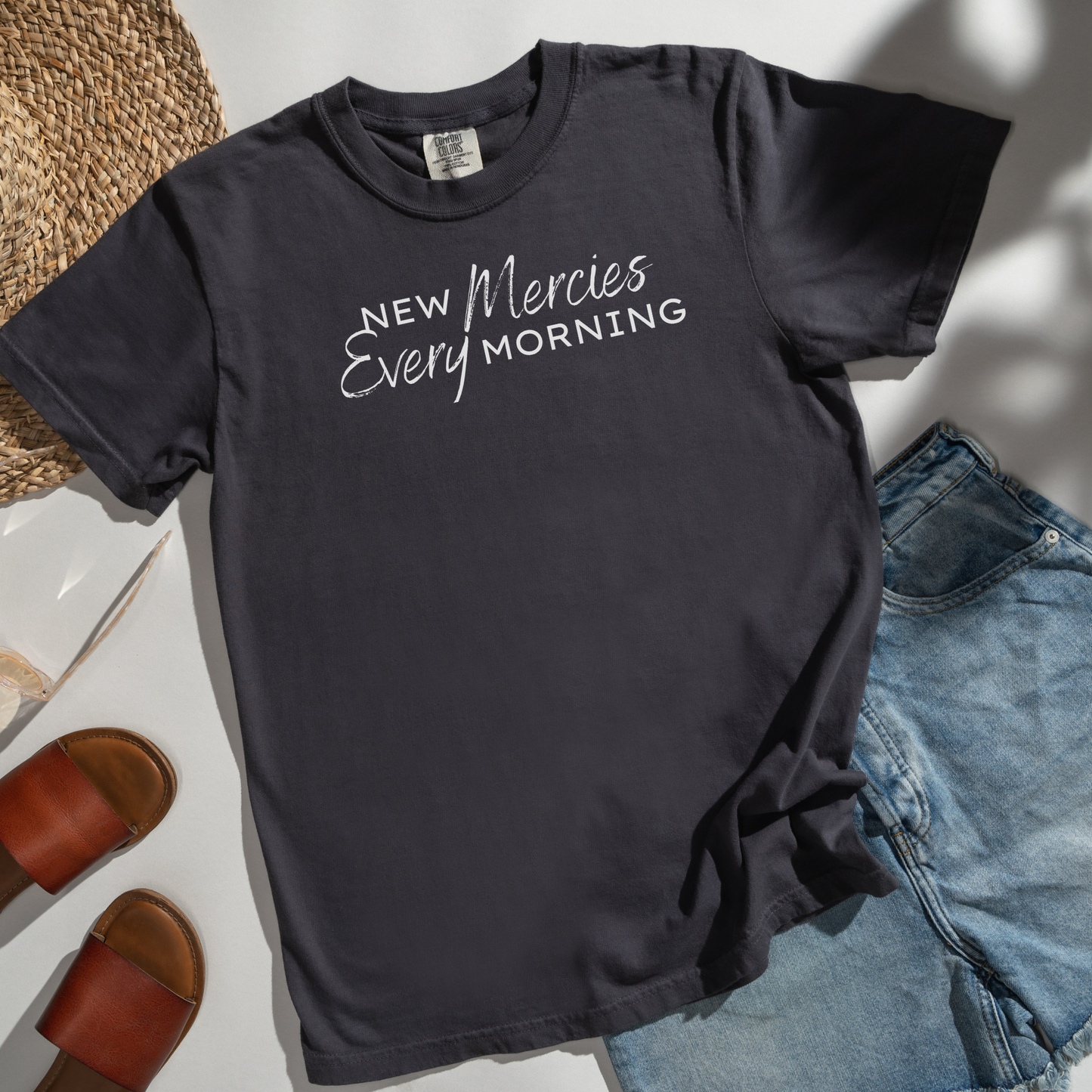 New Mercies Every Morning Comfort Colors Graphite T-Shirt Flatlay