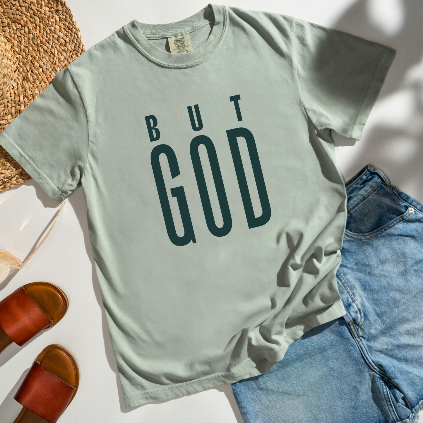 But God Set Me Free - Puff Print- Comfort Colors T-Shirt Flatlay