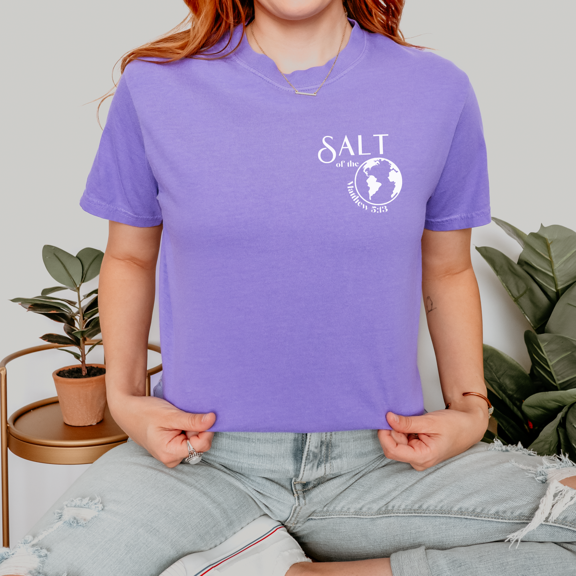 Salt of the Earth Matthew 5:13 Comfort Colors Violet T-Shirt Christian Shirt Front