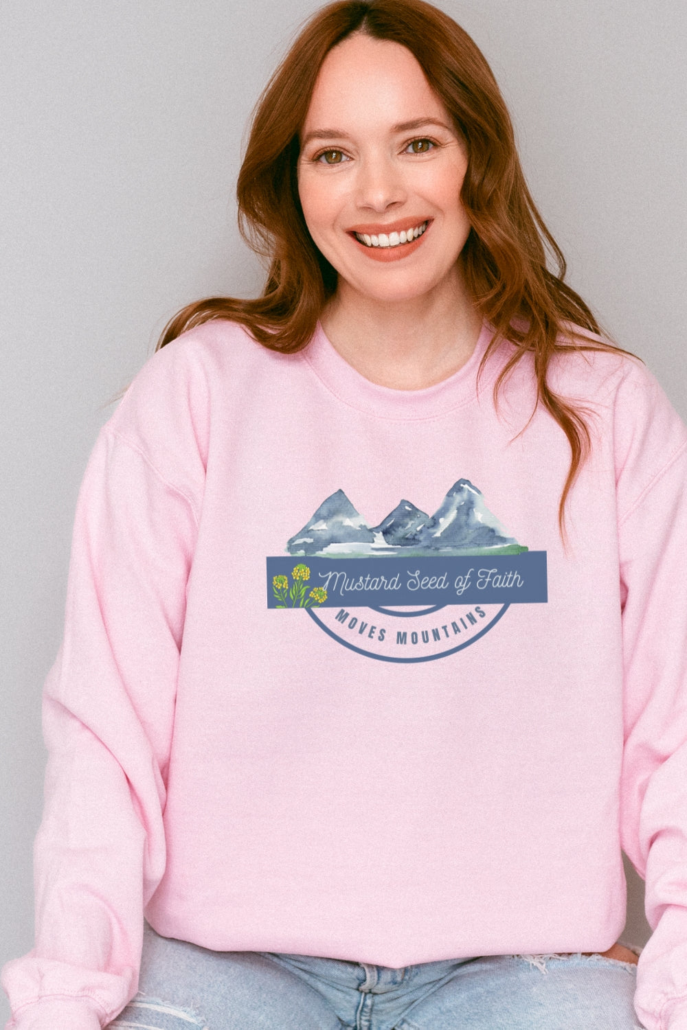 Mustard Seed of Faith Moves Mountains Christian Sweatshirt Light Pink