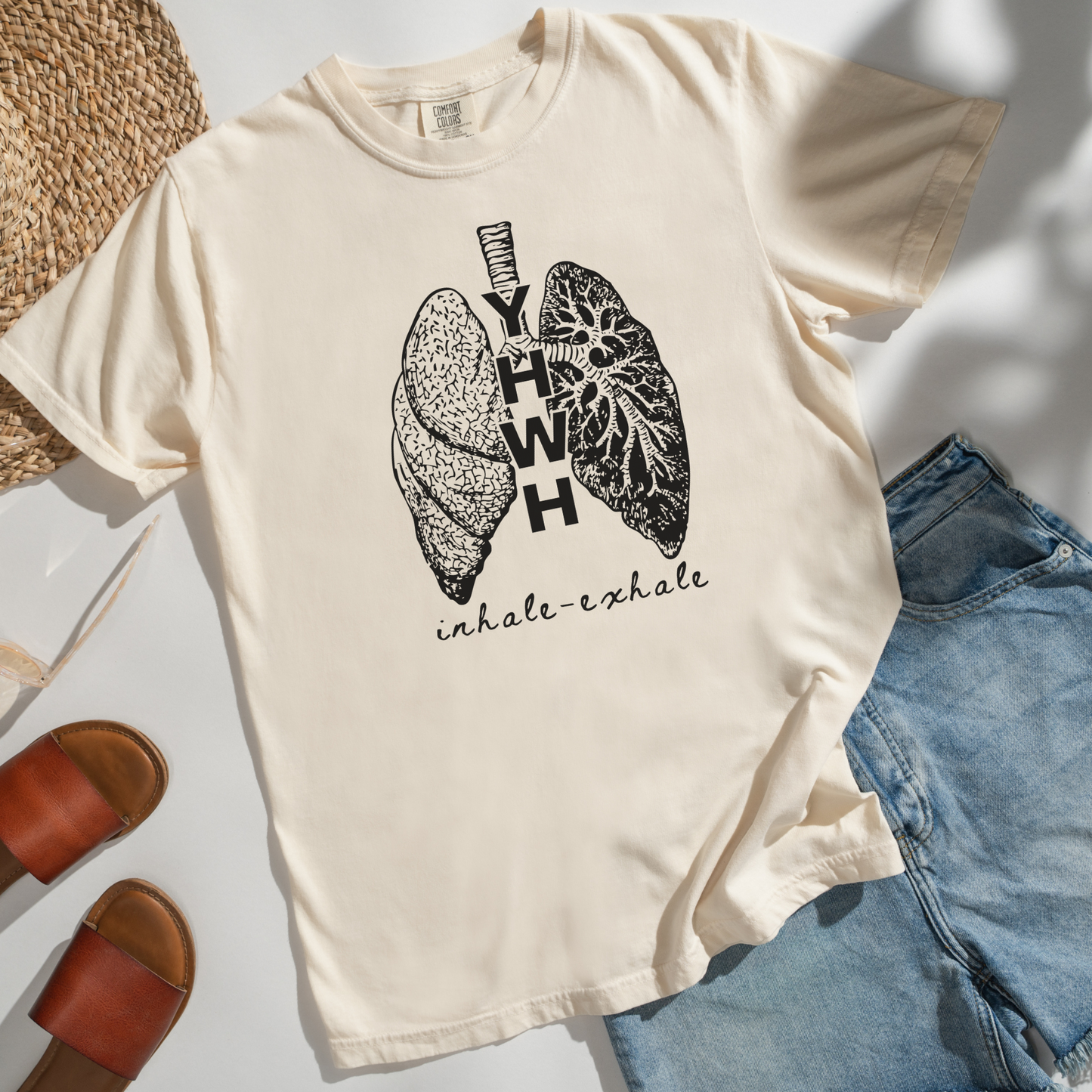 YHWH Inhale Exhale Comfort Colors Ivory T-Shirt Flatlay