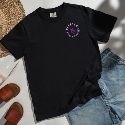 Blessed & Highly Favored Comfort Colors Black T-Shirt Flatlay