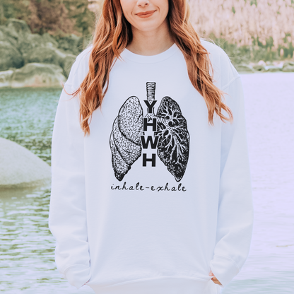 YHWH Inhale Exhale Christian Sweatshirt Comfort Colors White