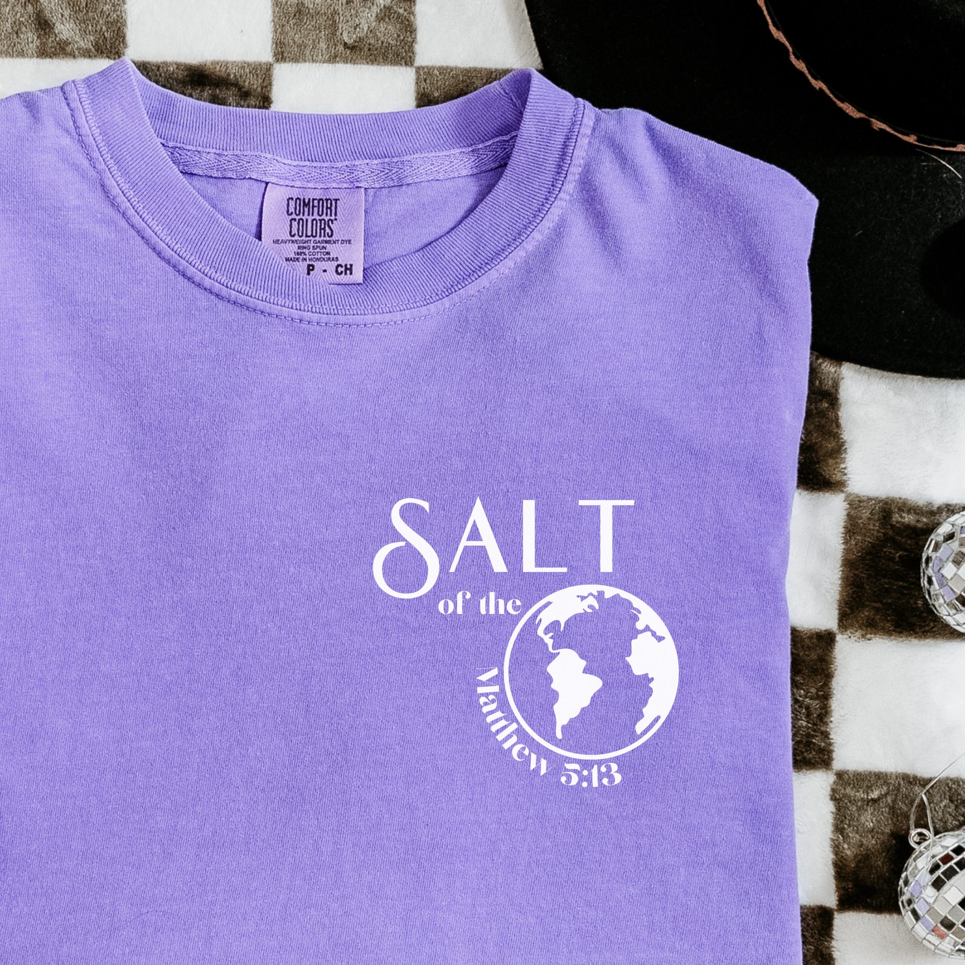 Salt of the Earth Matthew 5:13 Comfort Colors Violet T-Shirt Christian Shirt Flatlay