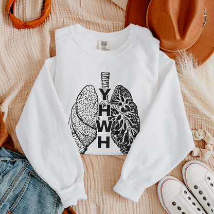 YHWH Inhale Exhale Christian Sweatshirt Comfort Colors White