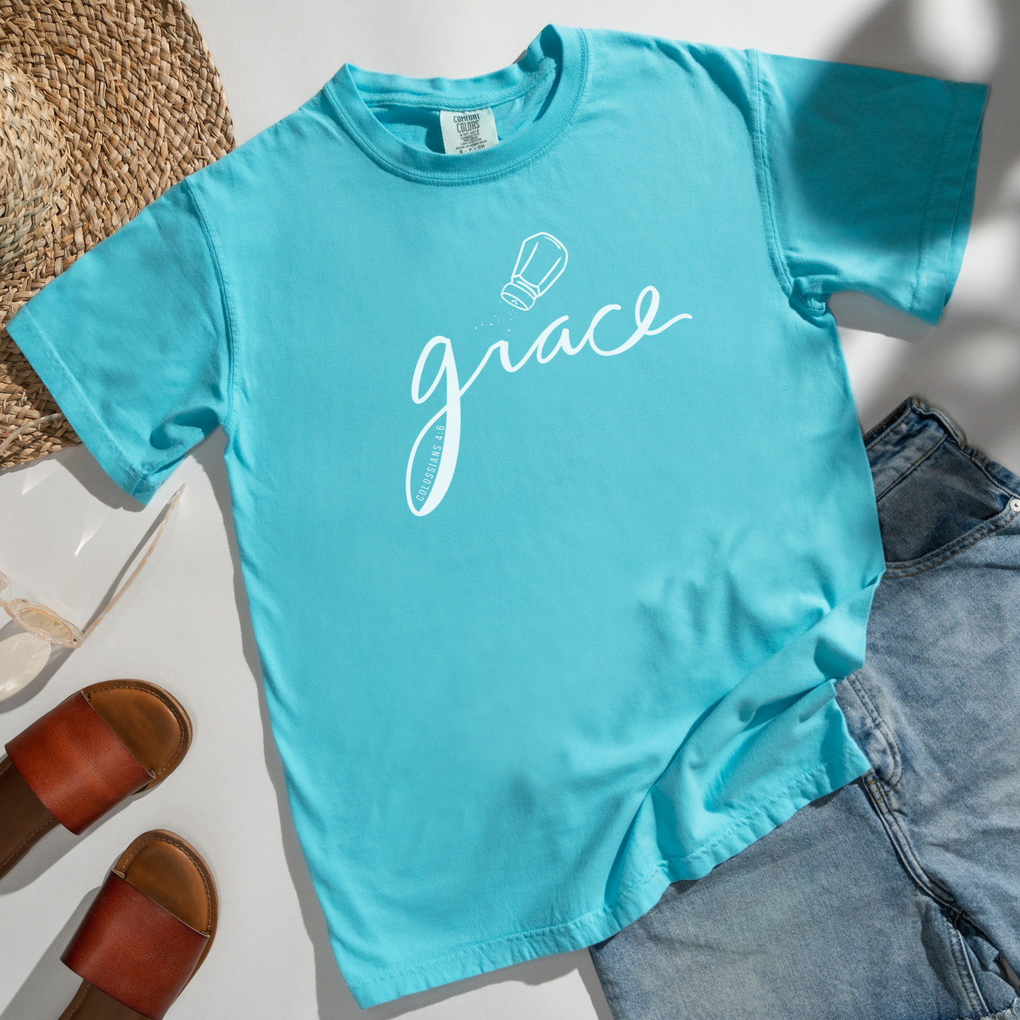 Salted Grace Comfort Colors Lagoon Blue T-Shirt Flatlay