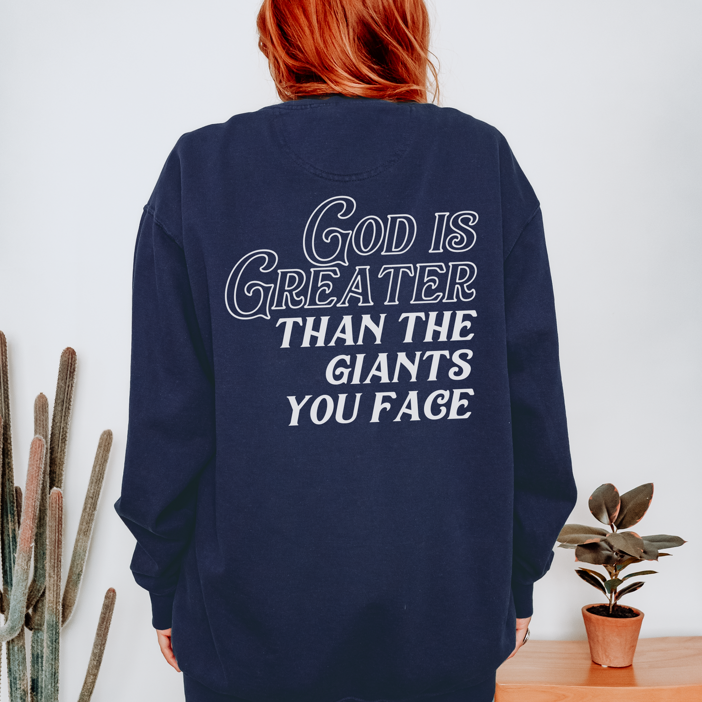 God is Greater Than the Giants You Face Comfort Colors Sweatshirt Navy 