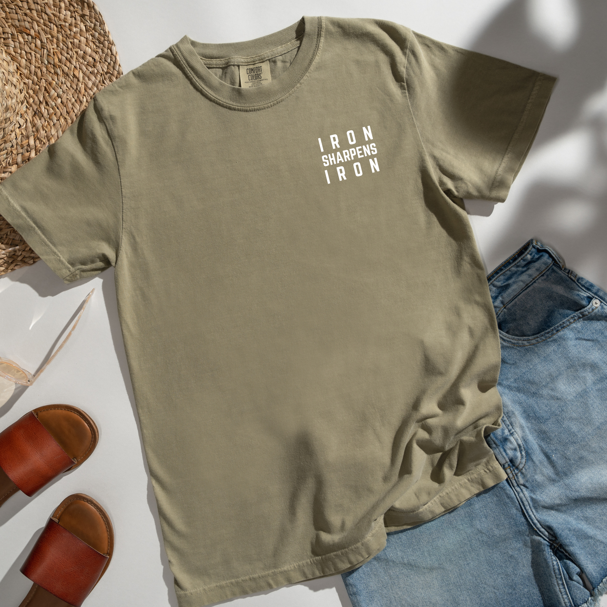 Iron Sharpens Iron Comfort Colors Khaki T-Shirt Flatlay