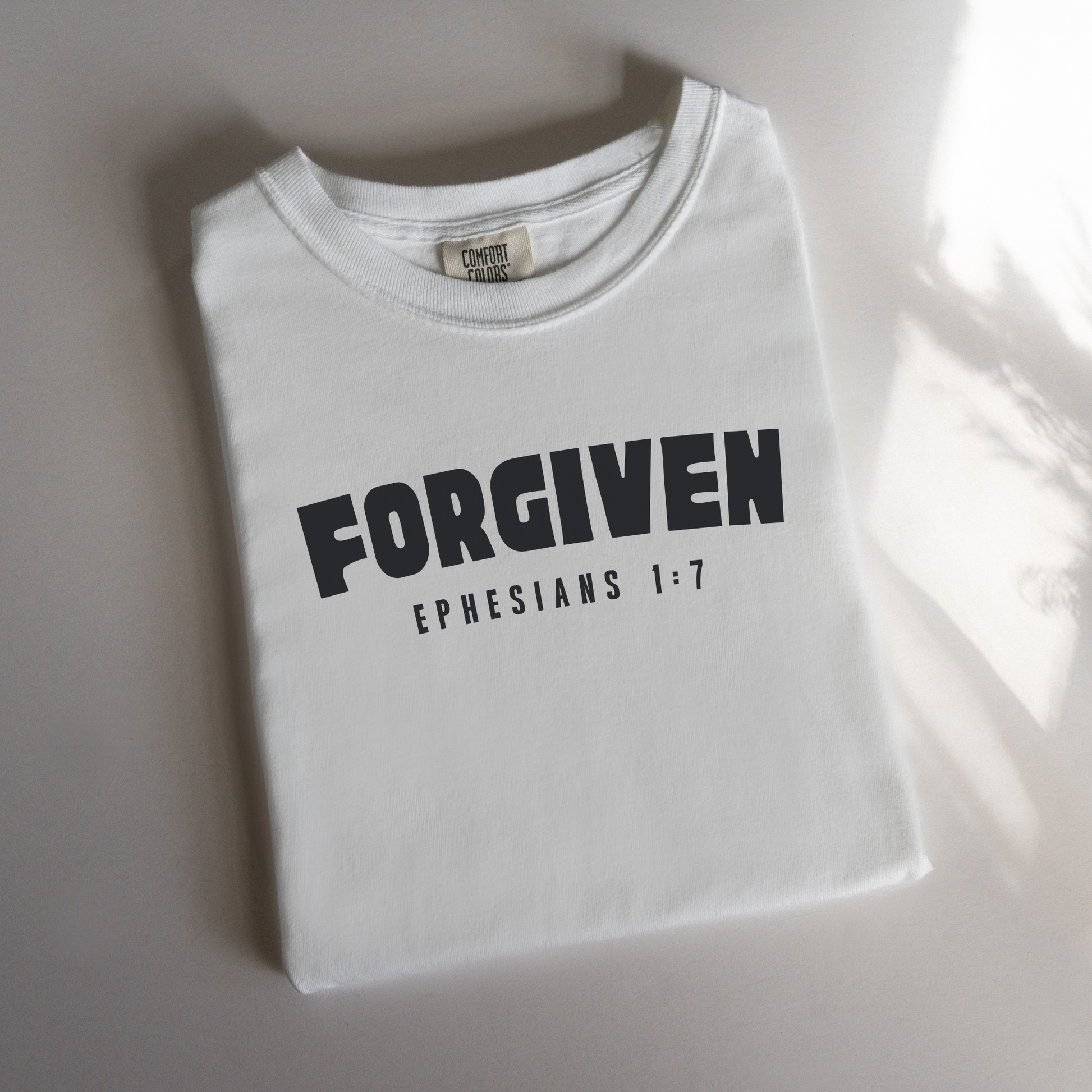 Forgiven Comfort Colors White T-Shirt Flatlay