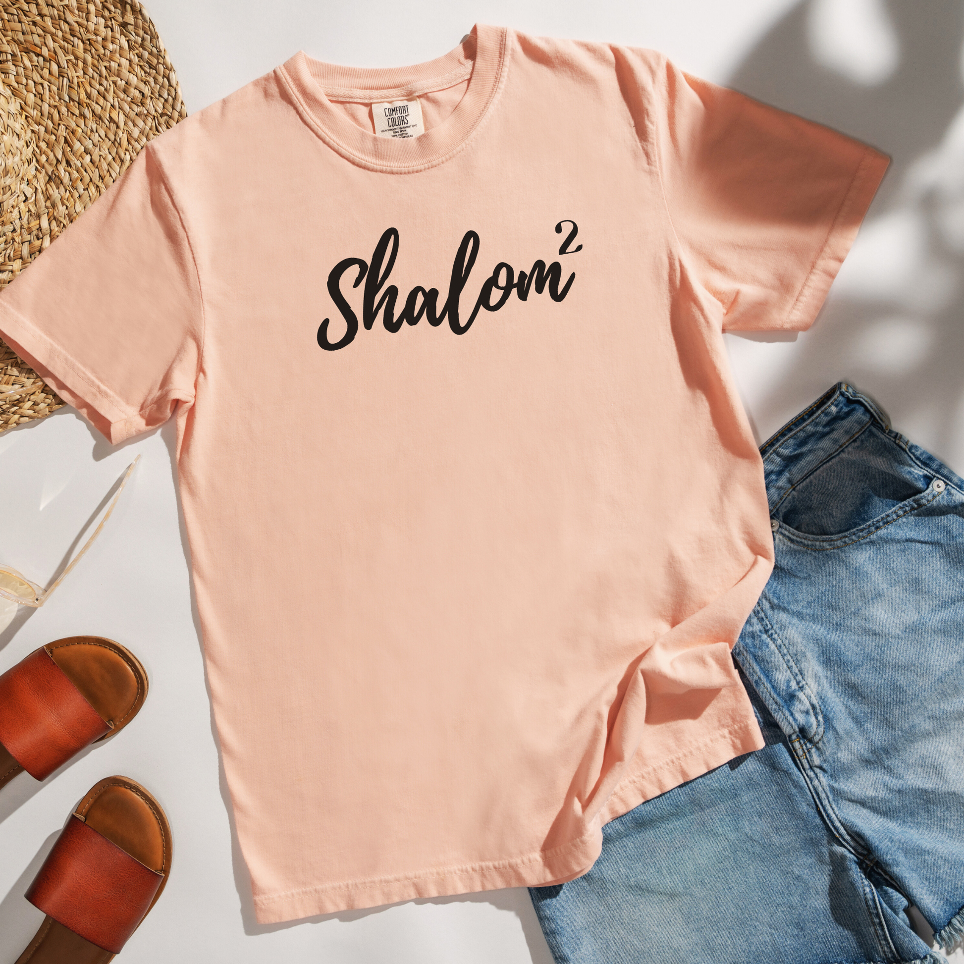 Shalom Squared (Perfect Peace) Comfort Colors Peachy T-Shirt Flatlay