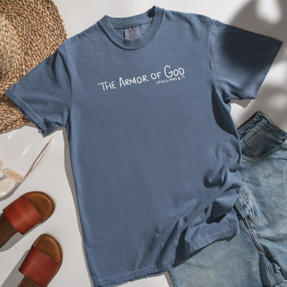 Armor of God Comfort Colors Blue Jean T-Shirt Flatlay