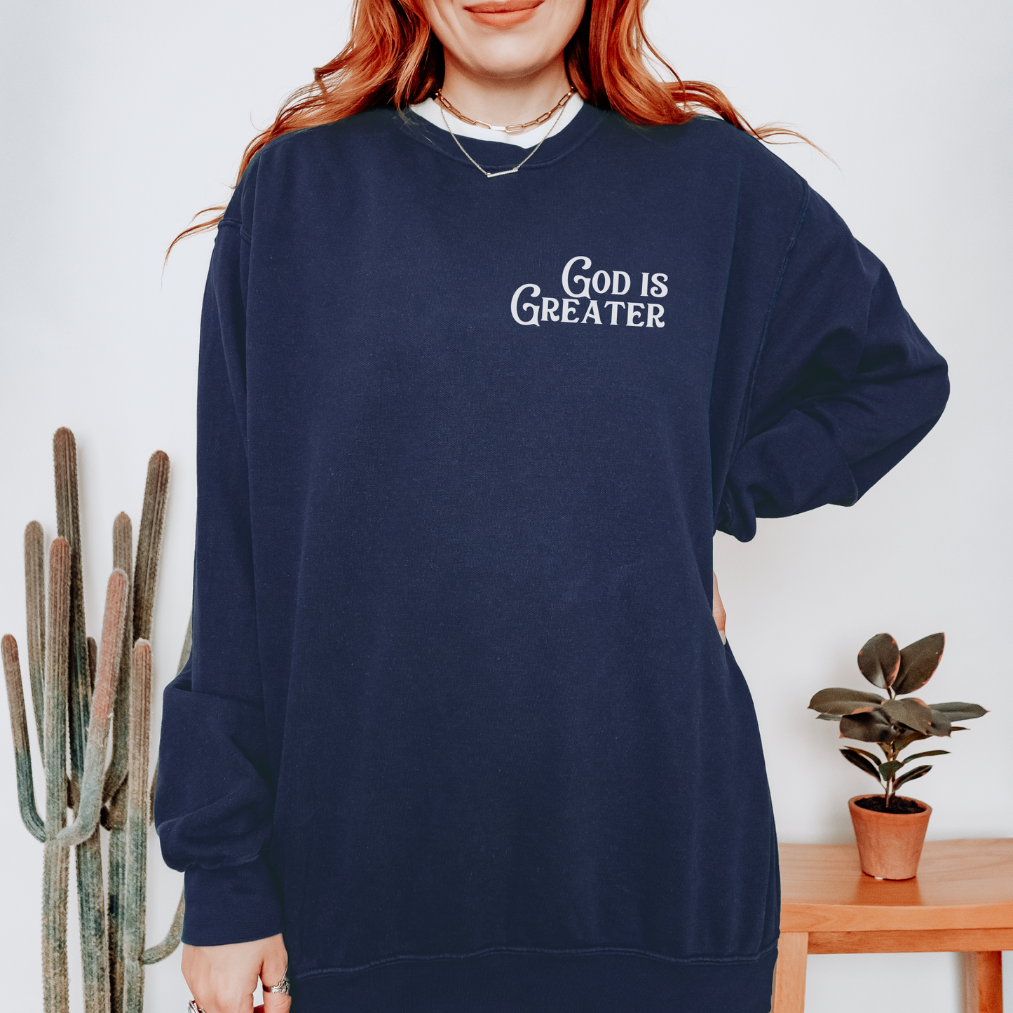 God is Greater Than the Giants You Face Comfort Colors Sweatshirt Navy 