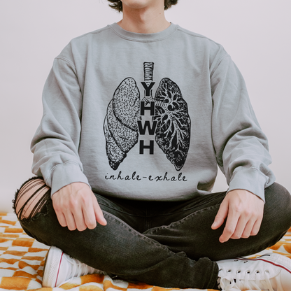 YHWH Inhale Exhale Christian Sweatshirt Comfort Colors Gray