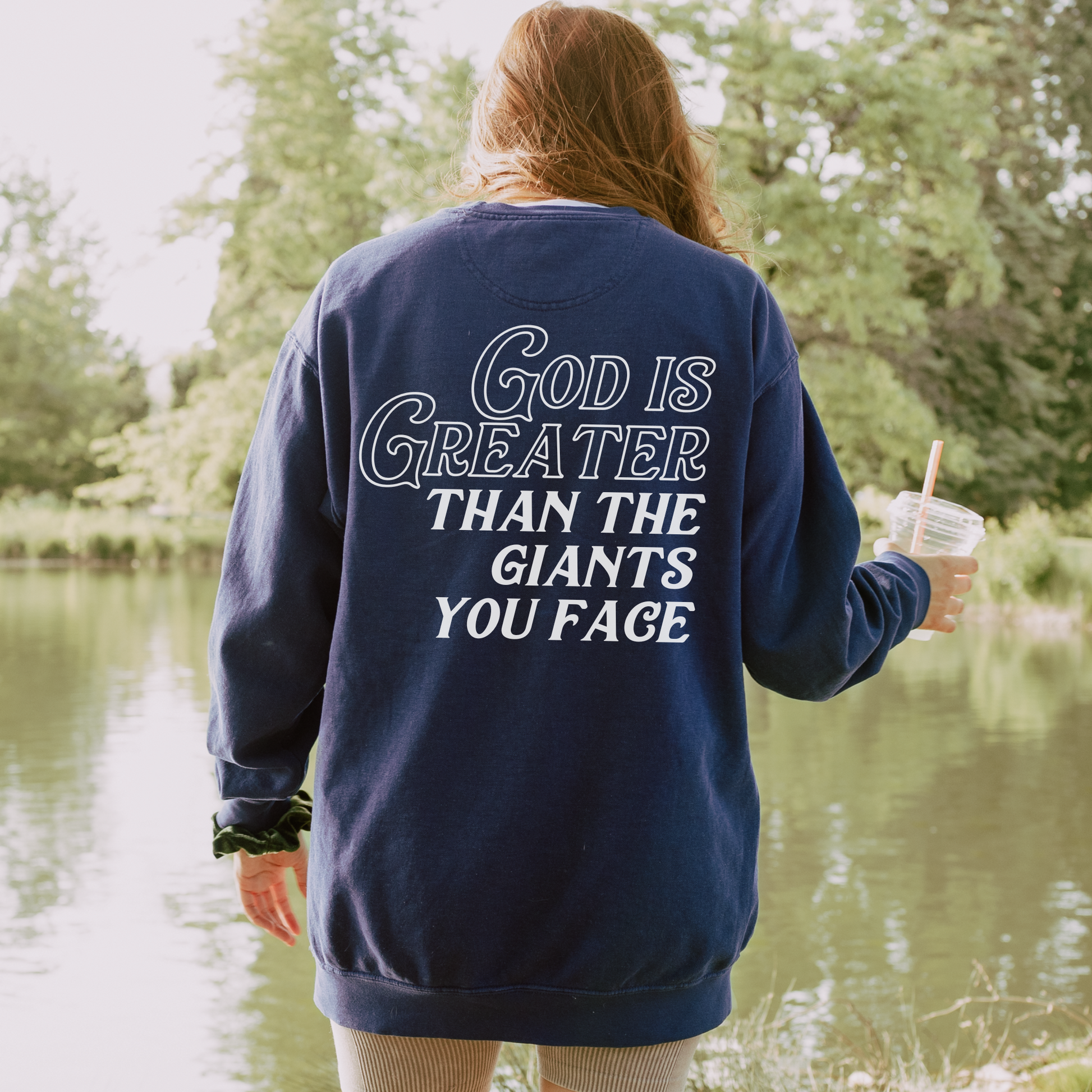 God is Greater Than the Giants You Face Comfort Colors Sweatshirt Navy 