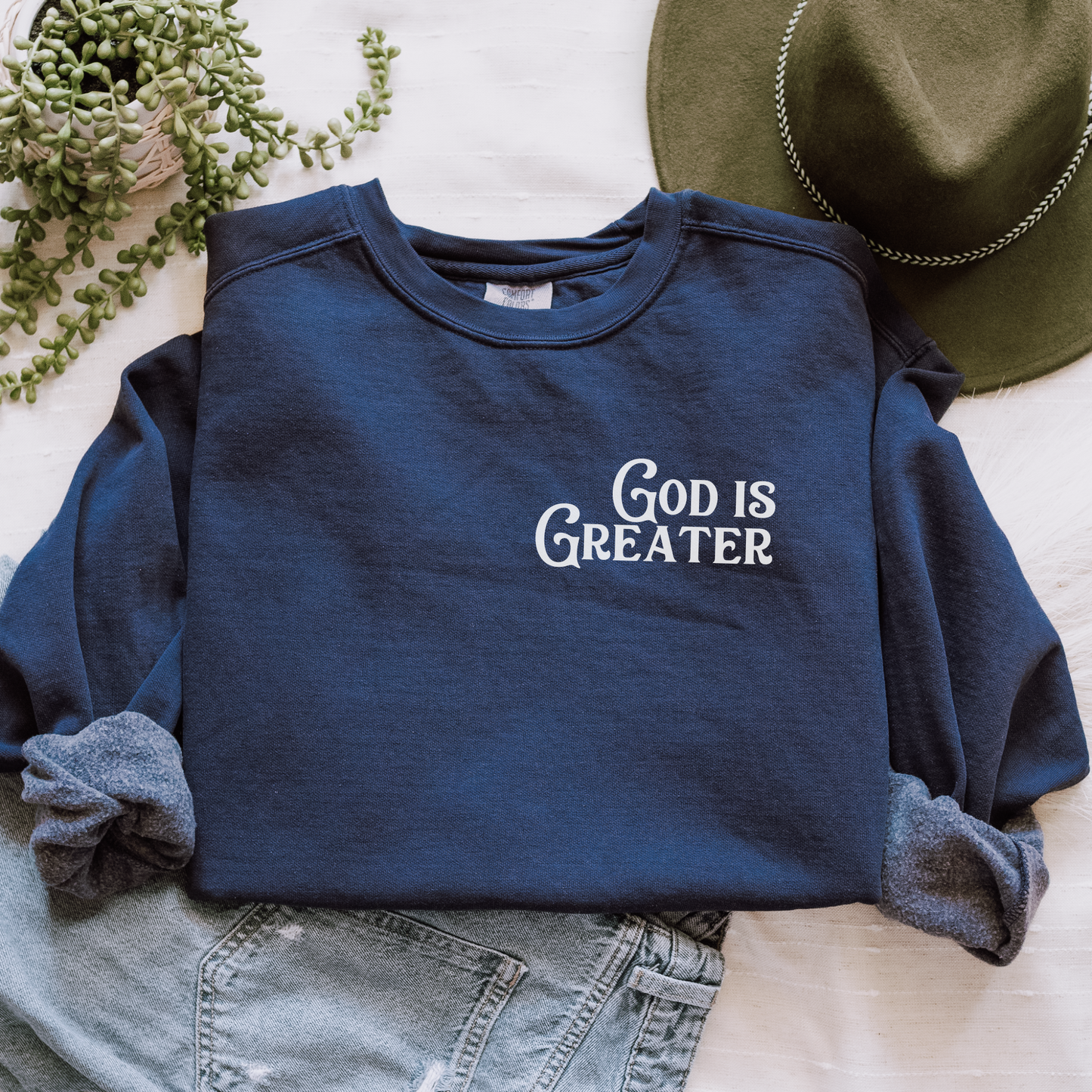 God is Greater Than the Giants You Face Comfort Colors Sweatshirt Navy 