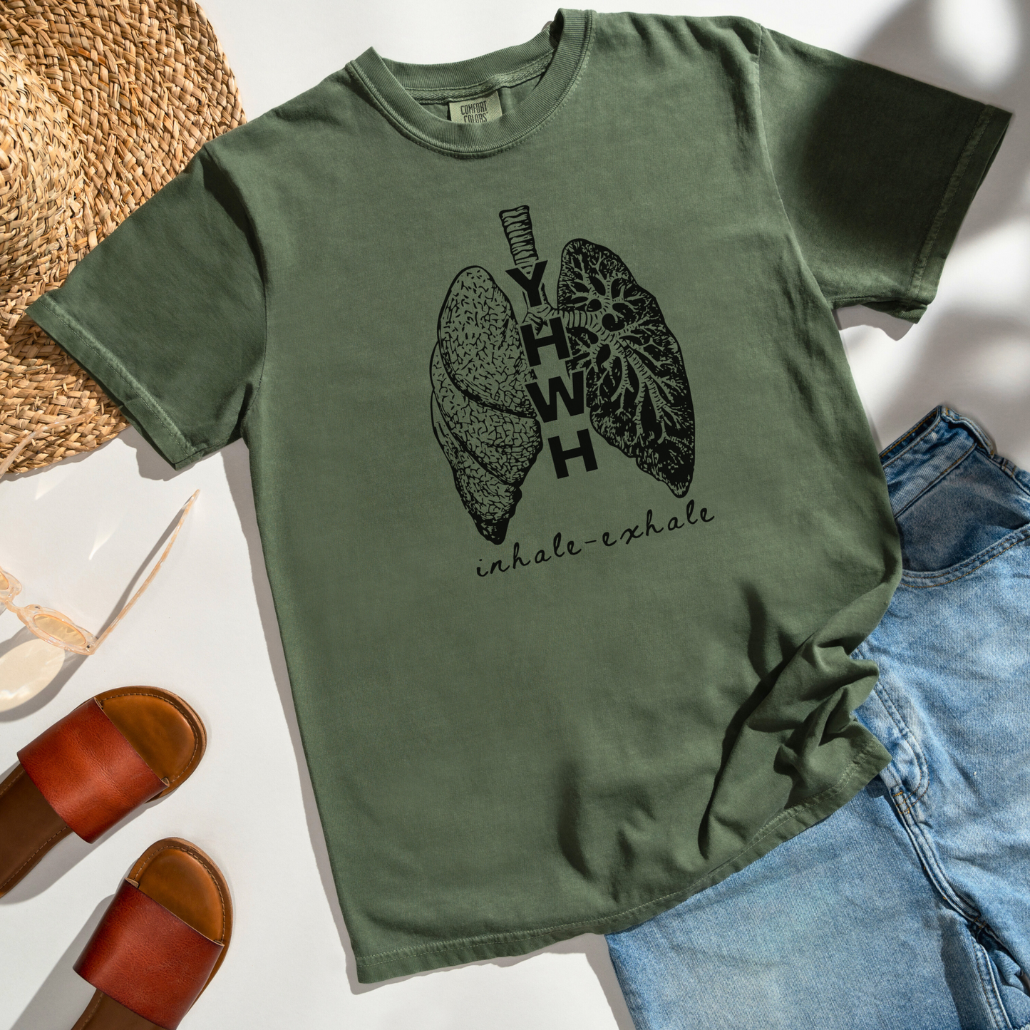 YHWH Inhale Exhale Comfort Colors Moss T-Shirt Flatlay