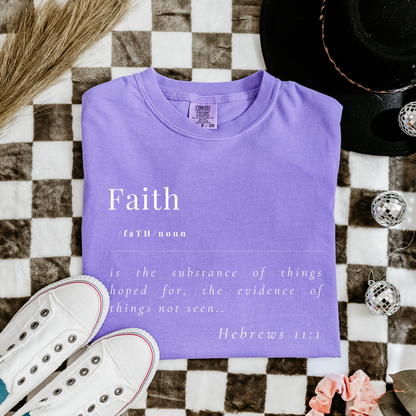 Faith Defined Comfort Colors Violet T-Shirt Flatlay