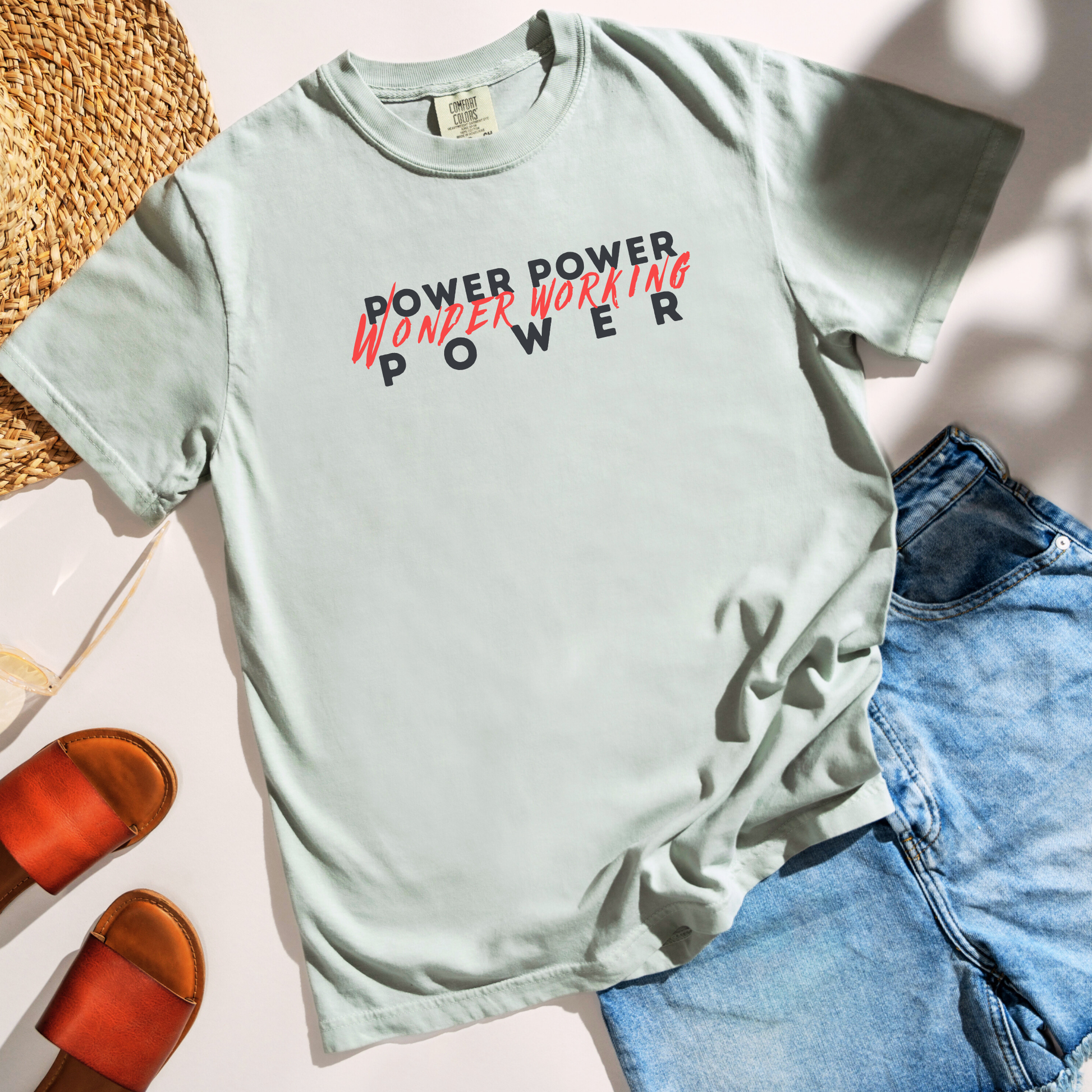 Power Power Wonder Working Power Comfort Colors Bay T-Shirt Flatlay