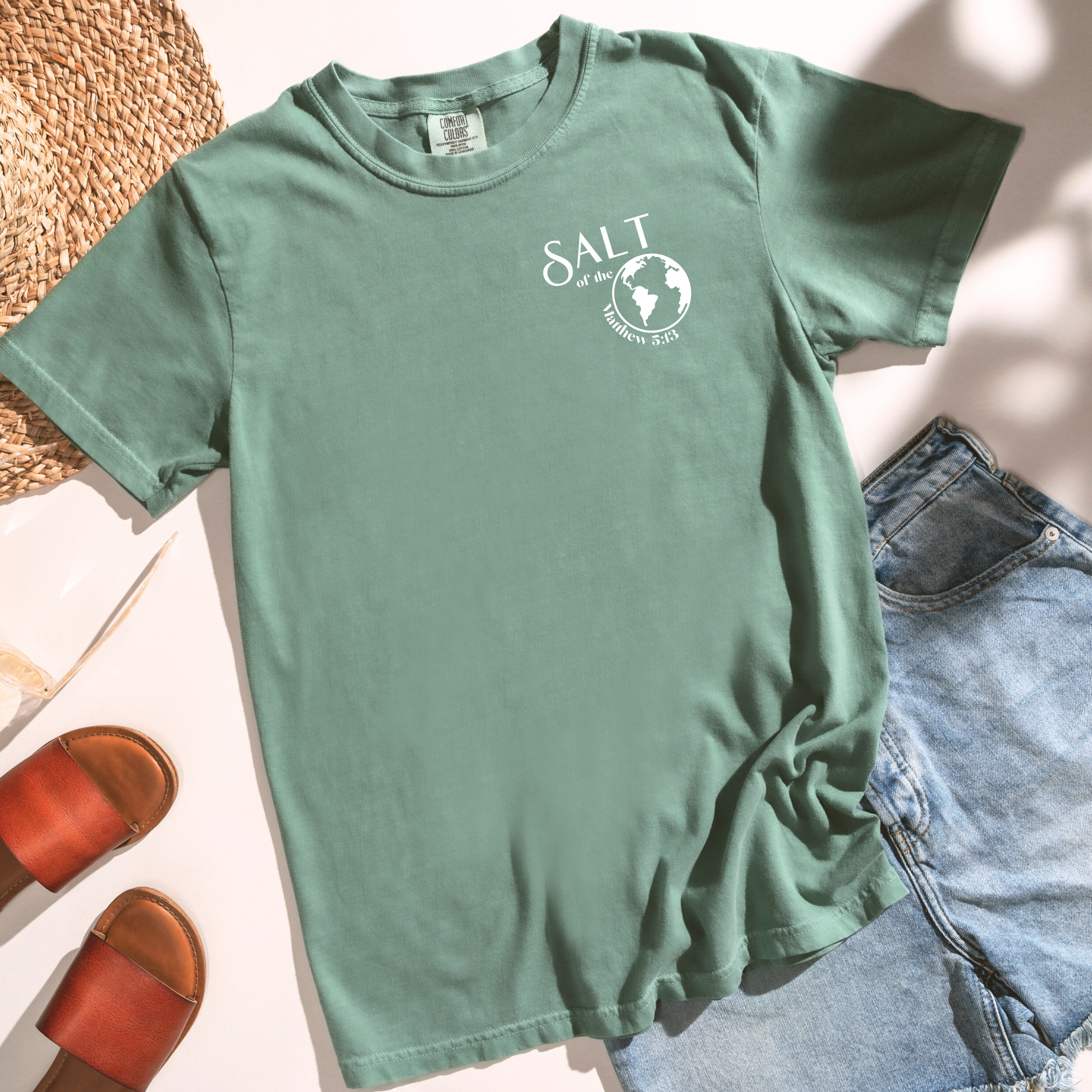 Salt of the Earth Matthew 5:13 Comfort Colors Light Green T-Shirt| Christian Shirt Flatlay