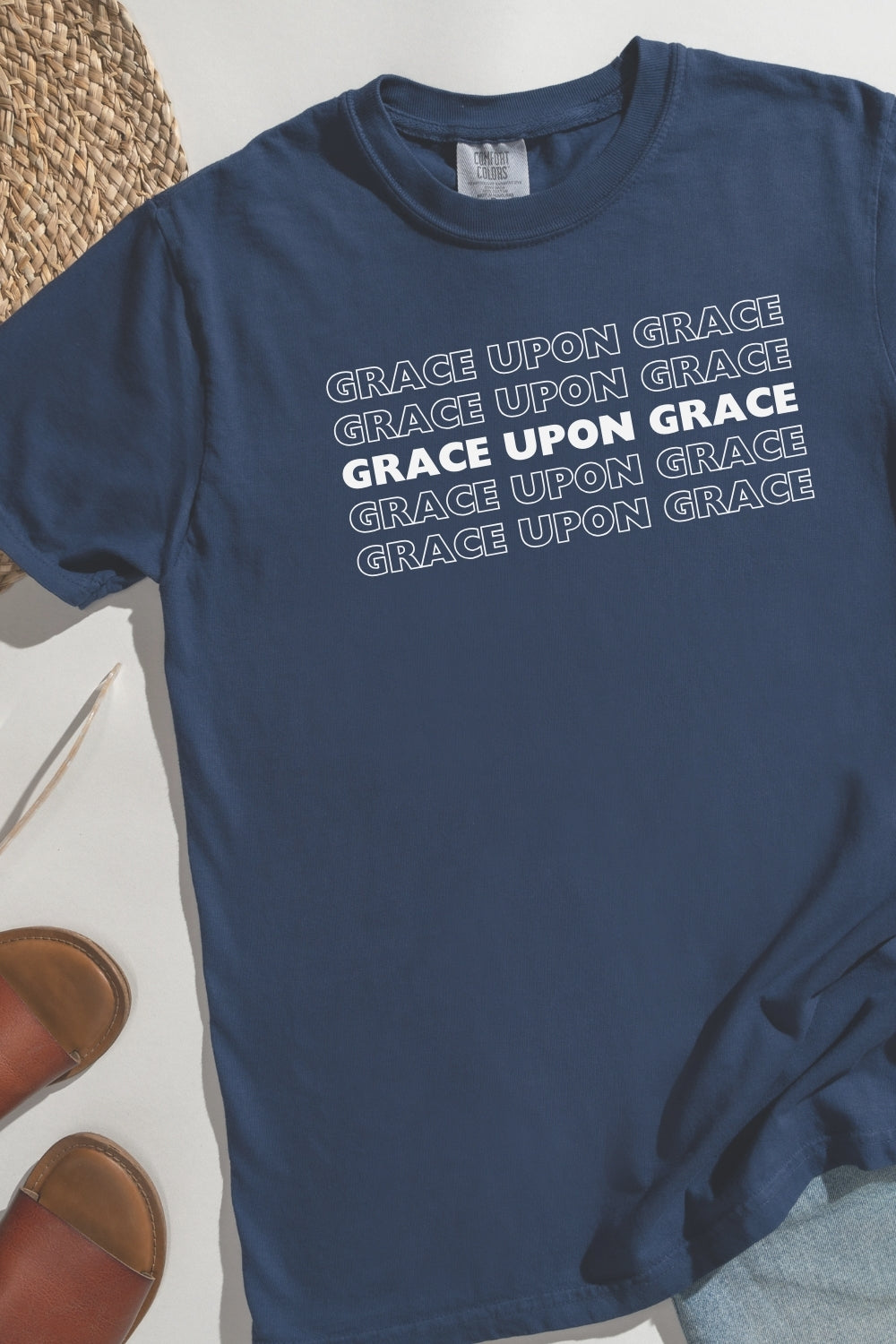 Grace Upon Grace Comfort Colors True Navy T-Shirt Flatly