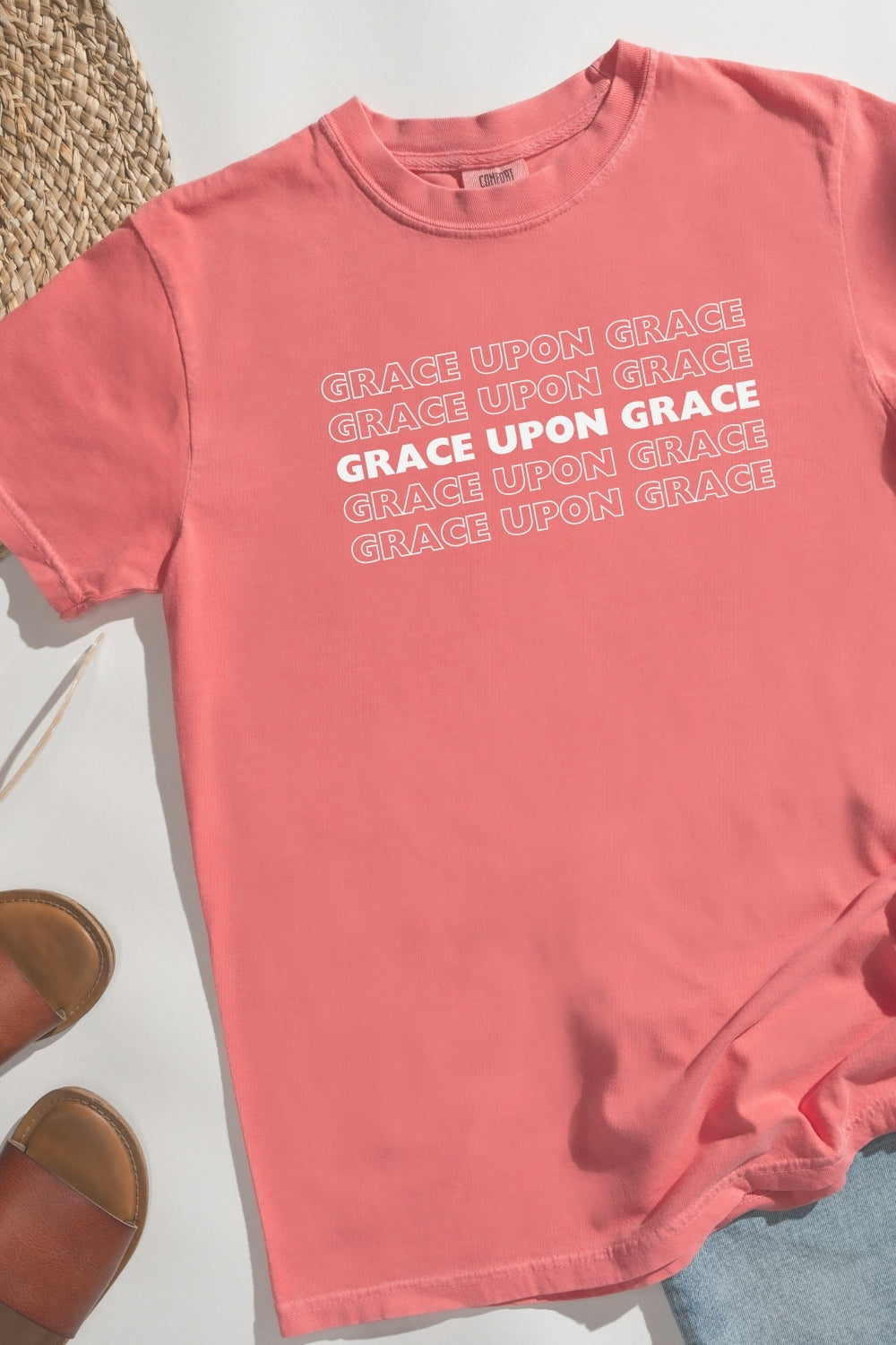 Grace Upon Grace Comfort Colors True Watermelon T-Shirt Flat lay