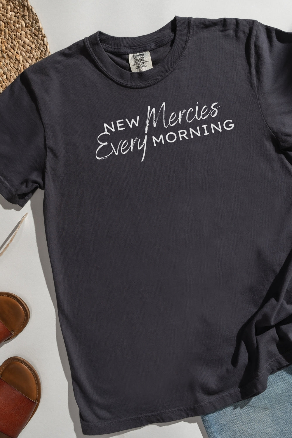 New Mercies Every Morning Comfort Colors Graphite T-Shirt Flatlay