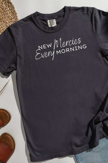 New Mercies Every Morning Comfort Colors Graphite T-Shirt Flatlay